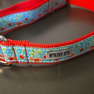 NEW!! Worthy Dog Cherry Print Red & Aqua Dog Collar Size large